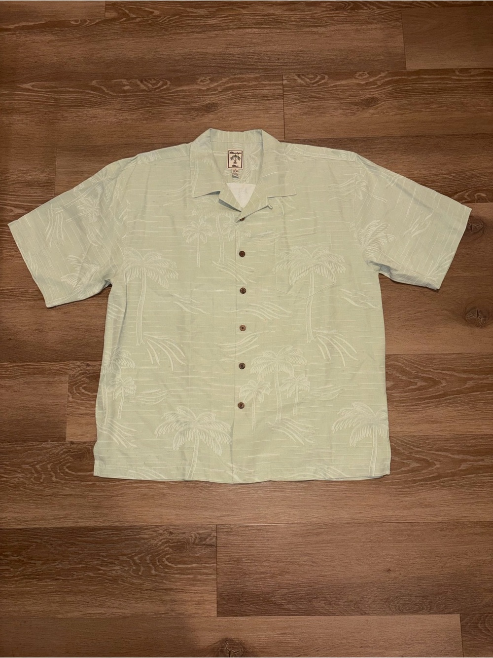 Montego Mon Men’s XL 100% Silk Hawaiian Aloha Shirt Palm Tree Green Used Fair